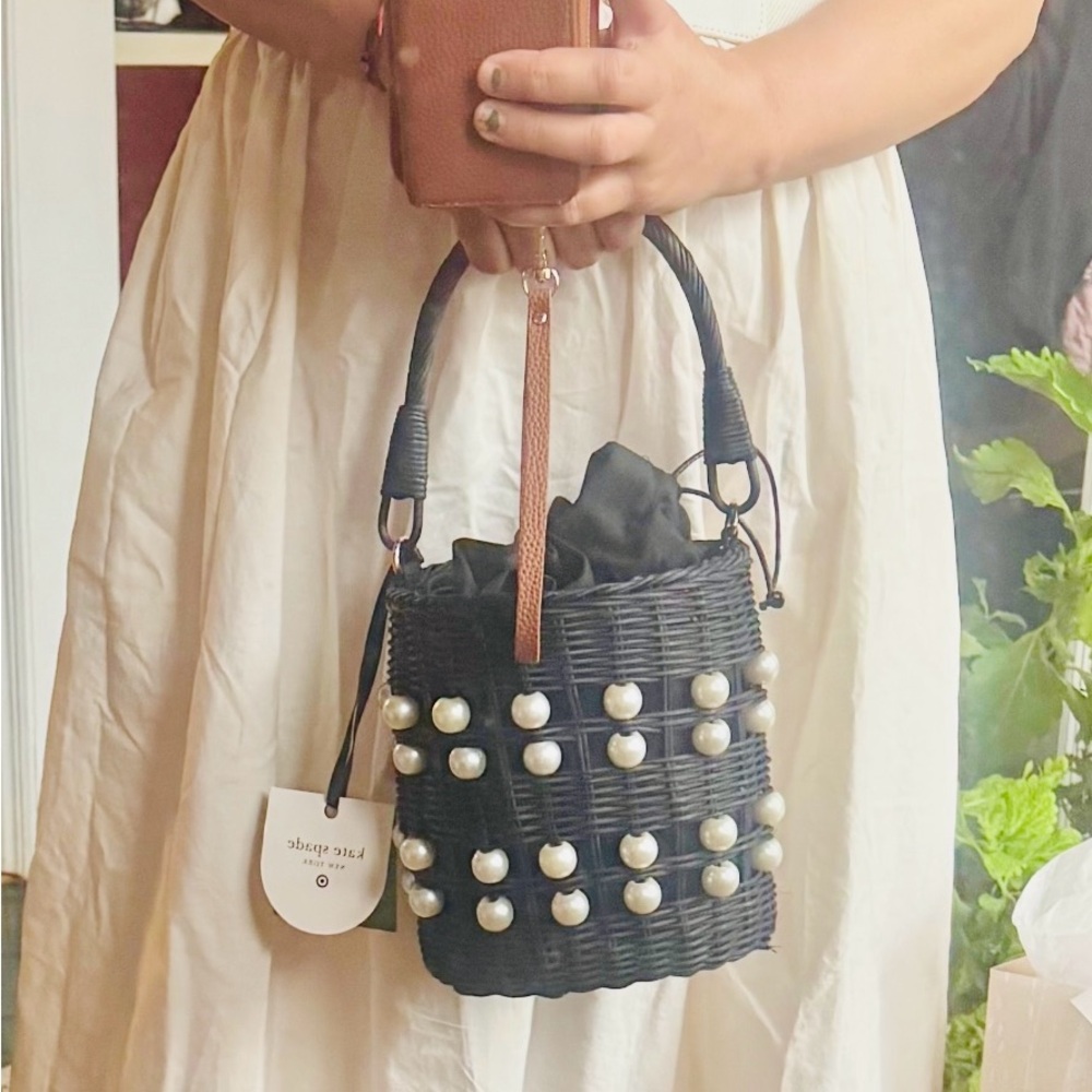 Elegant Black Wicker Bag with Pearl Accents